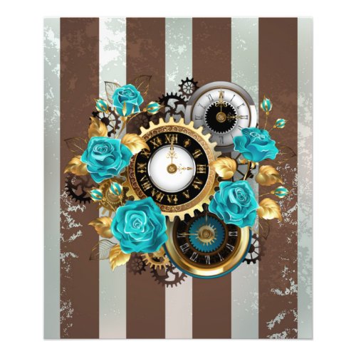 Steampunk Clock and Turquoise Roses on Striped Photo Print