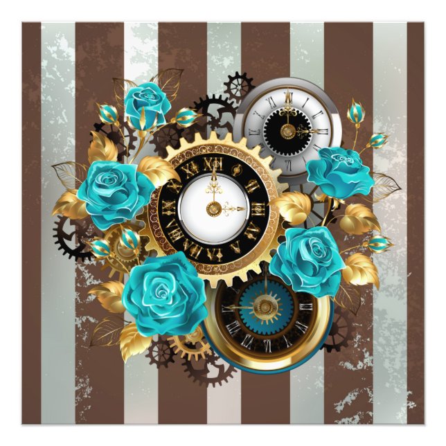 Steampunk Clock and Turquoise Roses on Striped Photo Print (Front)