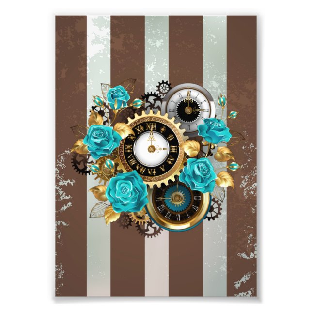 Steampunk Clock and Turquoise Roses on Striped Photo Print (Front)