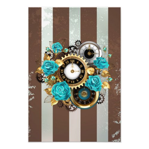 Steampunk Clock and Turquoise Roses on Striped Photo Print