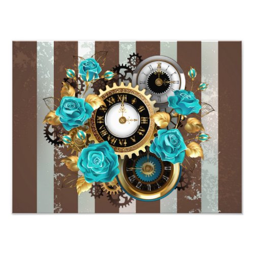 Steampunk Clock and Turquoise Roses on Striped Photo Print