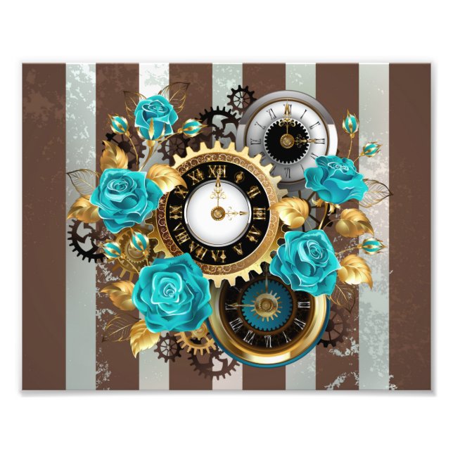 Steampunk Clock and Turquoise Roses on Striped Photo Print (Front)