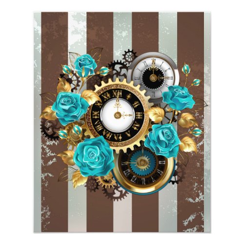 Steampunk Clock and Turquoise Roses on Striped Photo Print