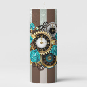 Steampunk Clock and Turquoise Roses on Striped Pillar Candle