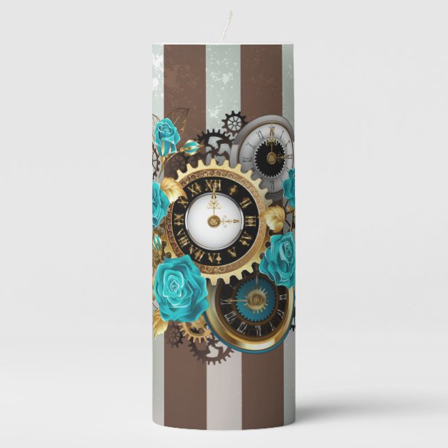 Steampunk Clock and Turquoise Roses on Striped Pillar Candle (Front)