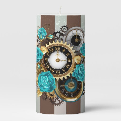 Steampunk Clock and Turquoise Roses on Striped Pillar Candle