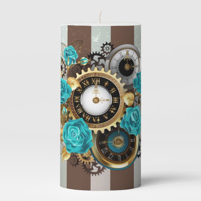 Steampunk Clock and Turquoise Roses on Striped Pillar Candle (Front)