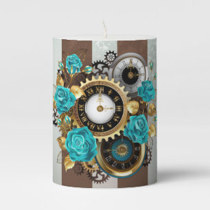 Steampunk Clock and Turquoise Roses on Striped Pillar Candle