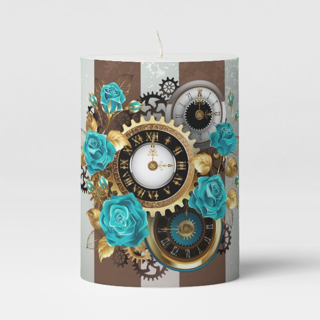 Steampunk Clock and Turquoise Roses on Striped Pillar Candle (Front)