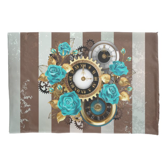 Steampunk Clock and Turquoise Roses on Striped Pillow Case (Front)