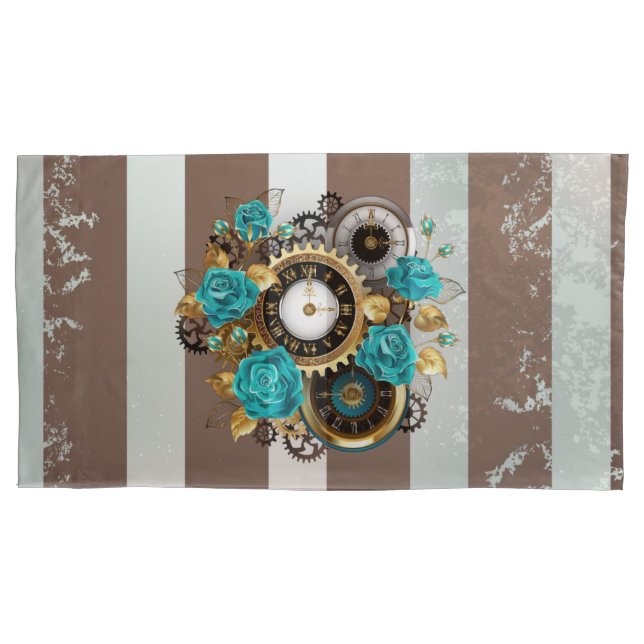 Steampunk Clock and Turquoise Roses on Striped Pillow Case (Front)