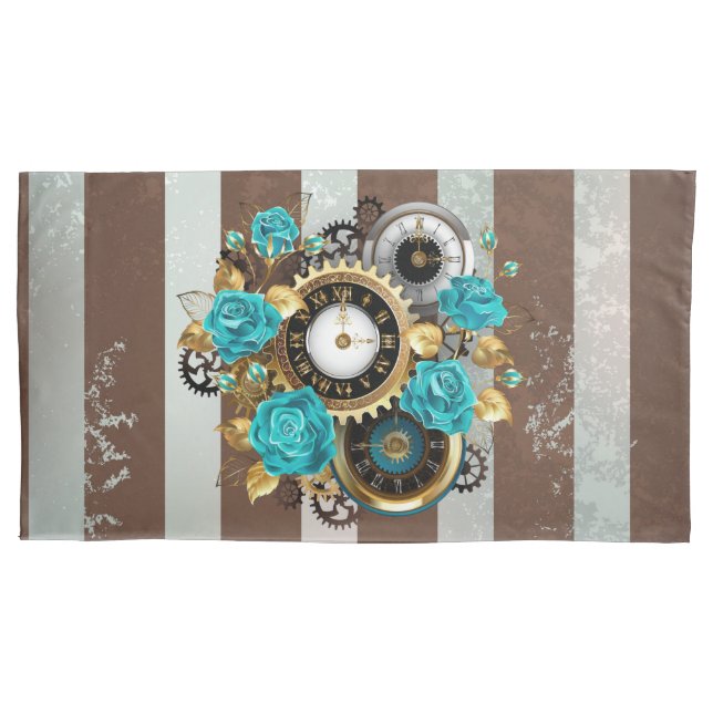 Steampunk Clock and Turquoise Roses on Striped Pillow Case (Front-Left)