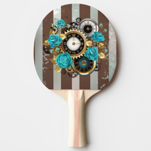 Steampunk Clock and Turquoise Roses on Striped Ping Pong Paddle