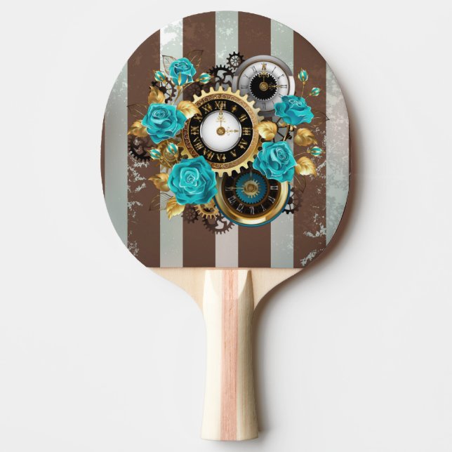 Steampunk Clock and Turquoise Roses on Striped Ping Pong Paddle (Front)