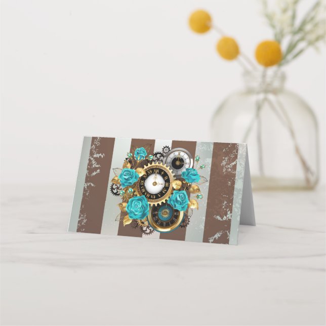 Steampunk Clock and Turquoise Roses on Striped Place Card (Front)