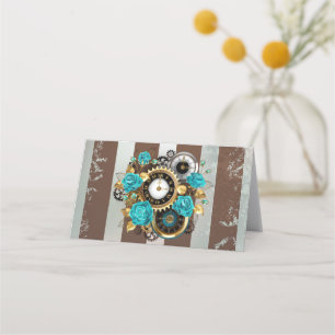 Steampunk Clock and Turquoise Roses on Striped Place Card