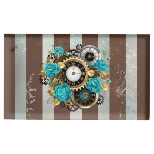 Steampunk Clock and Turquoise Roses on Striped Place Card Holder
