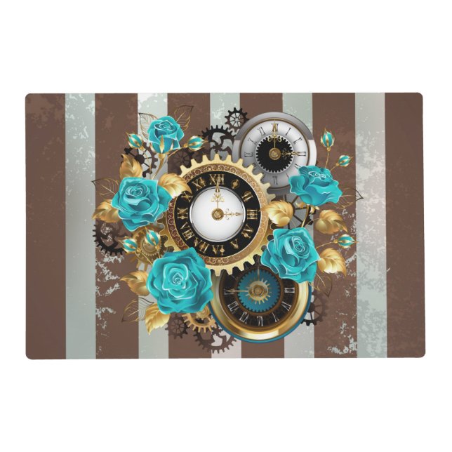 Steampunk Clock and Turquoise Roses on Striped Placemat (Front)