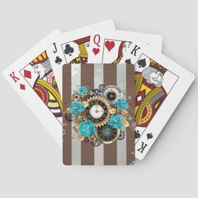 Steampunk Clock and Turquoise Roses on Striped Poker Cards (Back)