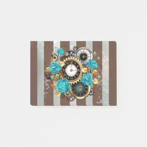 Steampunk Clock and Turquoise Roses on Striped Post_it Notes