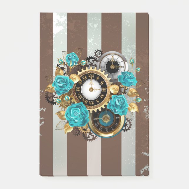 Steampunk Clock and Turquoise Roses on Striped Post-it Notes (Front)