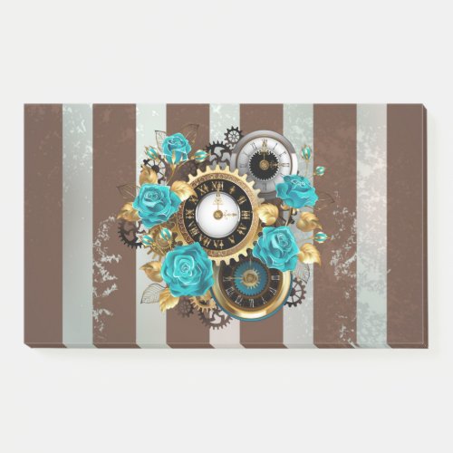 Steampunk Clock and Turquoise Roses on Striped Post_it Notes