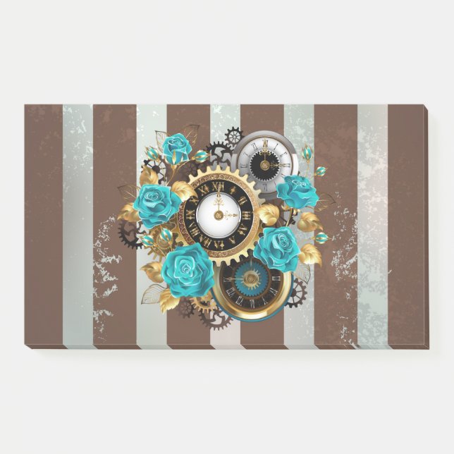 Steampunk Clock and Turquoise Roses on Striped Post-it Notes (Front)