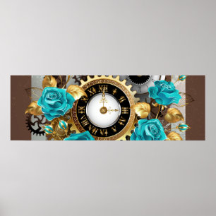 Steampunk Clock and Turquoise Roses on Striped Poster