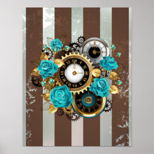 Steampunk Clock and Turquoise Roses on Striped Poster