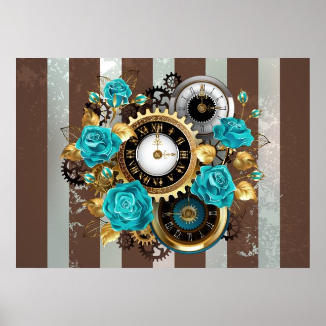 Steampunk Clock and Turquoise Roses on Striped Poster (Front)