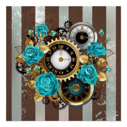 Steampunk Clock and Turquoise Roses on Striped Poster