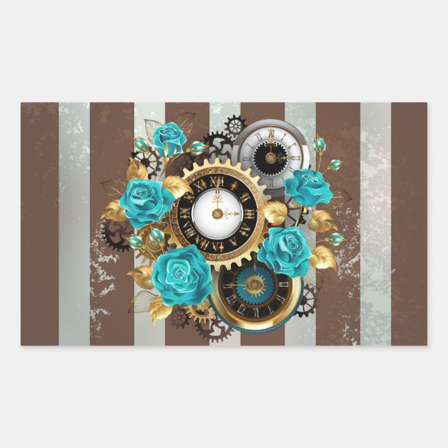 Steampunk Clock and Turquoise Roses on Striped Rectangular Sticker (Front)