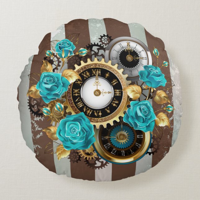 Steampunk Clock and Turquoise Roses on Striped Round Pillow (Front)