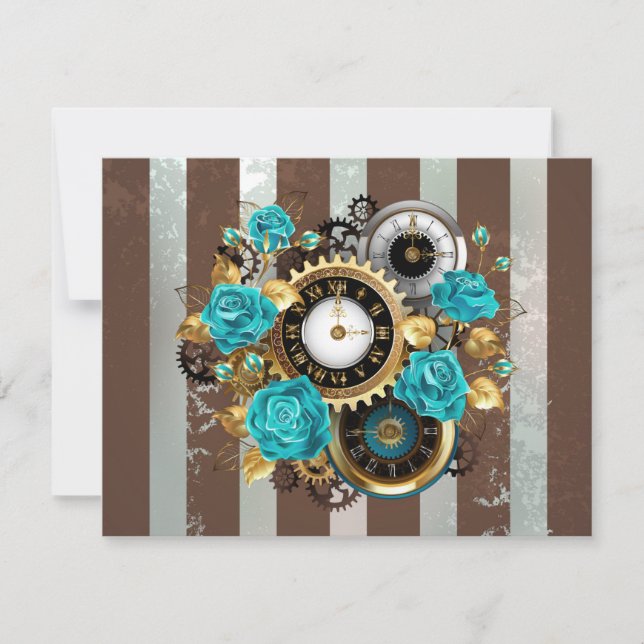 Steampunk Clock and Turquoise Roses on Striped RSVP Card (Front)