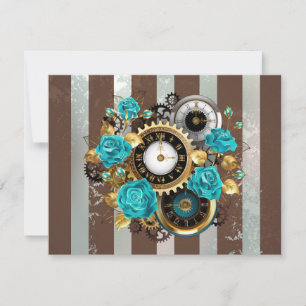 Steampunk Clock and Turquoise Roses on Striped RSVP Card