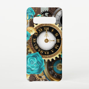 Steampunk Clock and Turquoise Roses on Striped Samsung Galaxy S10 Case