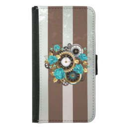 Steampunk Clock and Turquoise Roses on Striped Samsung Galaxy S5 Wallet Case