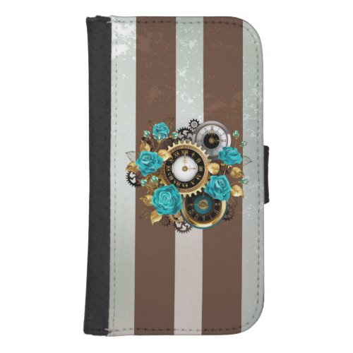 Steampunk Clock and Turquoise Roses on Striped Galaxy S4 Wallet Case