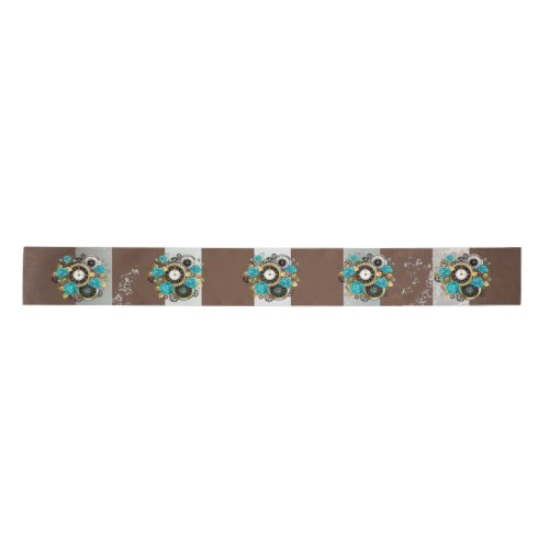 Steampunk Clock and Turquoise Roses on Striped Satin Ribbon