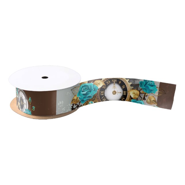 Steampunk Clock and Turquoise Roses on Striped Satin Ribbon (Spool)