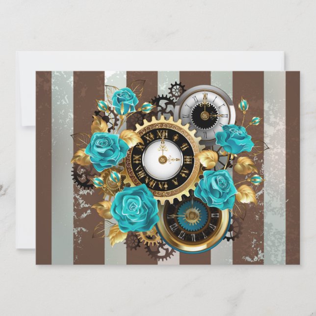 Steampunk Clock and Turquoise Roses on Striped Save The Date (Front)