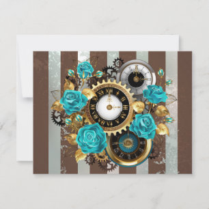 Steampunk Clock and Turquoise Roses on Striped Save The Date