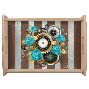 Steampunk Clock and Turquoise Roses on Striped Serving Tray