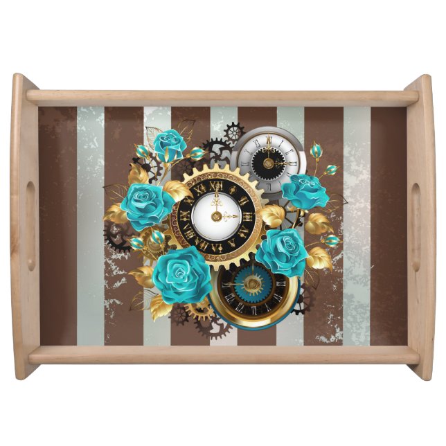 Steampunk Clock and Turquoise Roses on Striped Serving Tray (Front)