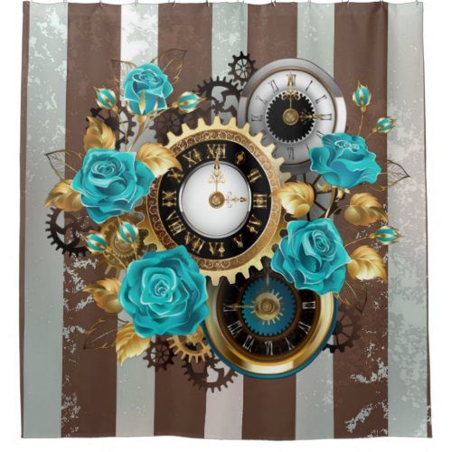 Steampunk Clock and Turquoise Roses on Striped Shower Curtain