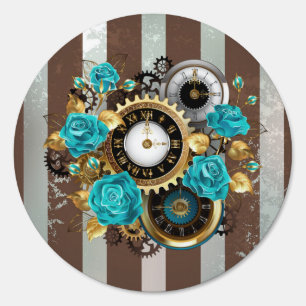 Steampunk Clock and Turquoise Roses on Striped Sign