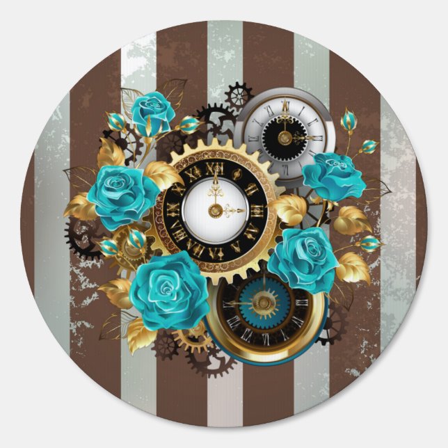 Steampunk Clock and Turquoise Roses on Striped Sign (Front)