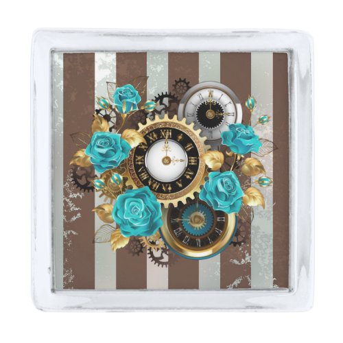 Steampunk Clock and Turquoise Roses on Striped Silver Finish Lapel Pin