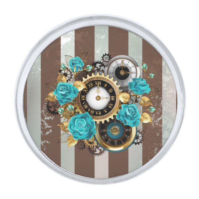 Steampunk Clock and Turquoise Roses on Striped Silver Finish Lapel Pin (Front)