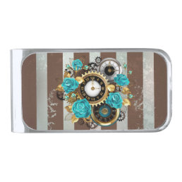 Steampunk Clock and Turquoise Roses on Striped Silver Finish Money Clip